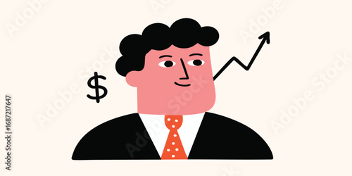 A businessman with a dollar sign next to his head smiles, as an arrow pointing up signifies the positive trajectory of growth.