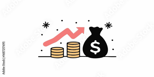 Illustration capturing financial prosperity with a rising graph and money bag and coin. Conveying concepts of wealth and investment.