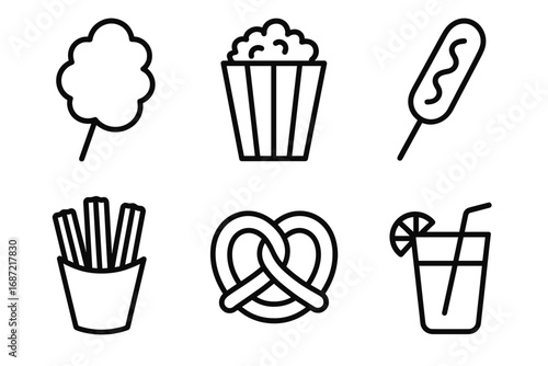 Icon set of snacks and drinks: cotton candy, popcorn, corn dog, fries, pretzel, lemonade