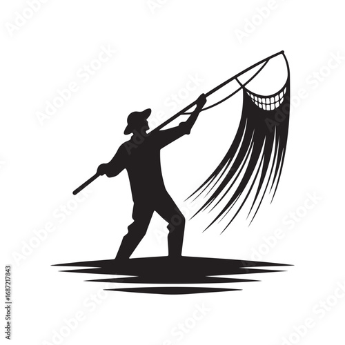 fisherman casting net vector silhouette clip art logo design illustraiton.
