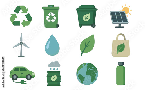 Eco-friendly icons: recycling, renewable energy, sustainable living, green technology, environment