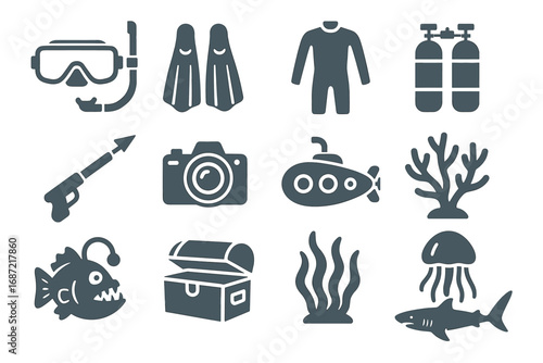 Diving equipment and marine life icons set featuring snorkel, submarine, and shark