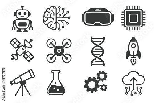 Futuristic technology icons featuring robotics, ai, vr, and space exploration