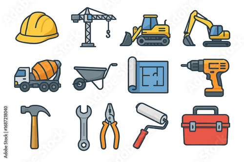 Construction tools and equipment set: excavator, crane, hard hat, and more
