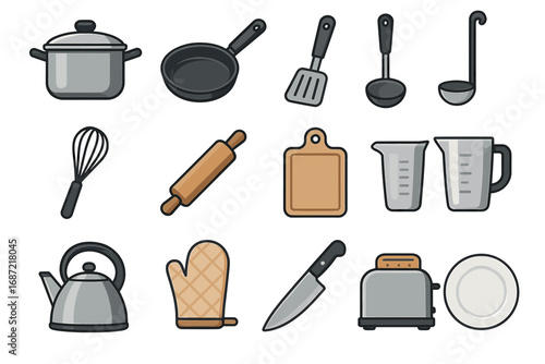 Collection of kitchenware: pots, pans, utensils, cutting board, toaster, and more