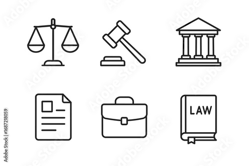 Legal icons set: scales, gavel, courthouse, documents, briefcase, law book