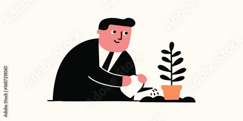 A businessman with a nurturing touch tending to a growing plant, symbolizing growth, care, and investment. A visual metaphor for nurturing a business to reach its full potential.