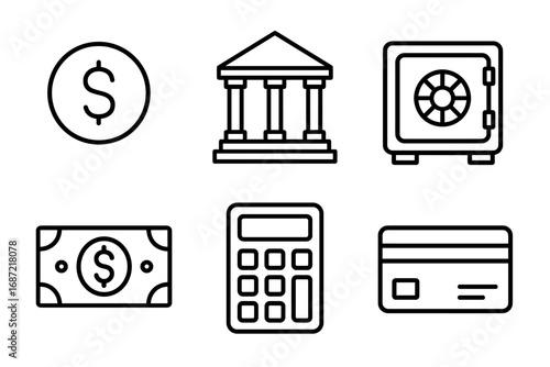 Financial icons set: currency, banking, safe, cash, calculator, credit card