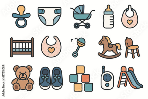 Collection of baby essentials including stroller, bib, bottles, and toys in cute cartoon style