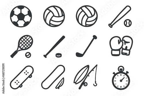 Collection of iconic sports equipment symbols for various games and activities