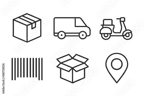 Shipping and delivery icons: box, van, scooter, barcode, open box, location