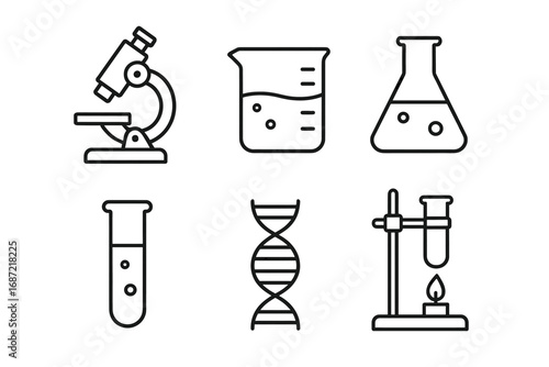 Scientific equipment icons: microscope, beaker, flask, test tube, dna, burner stand