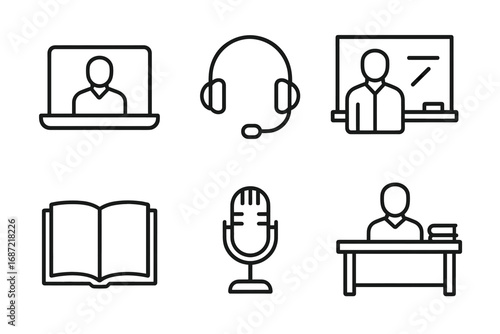 Education icons: online learning, headset, classroom, book, microphone, teacher desk