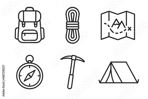 Essential outdoor adventure icons: backpack, rope, map, compass, ice axe, tent