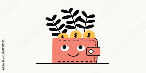 A cheerful illustration depicts a smiling wallet sprouting lush plants and golden coins, symbolizing financial growth and prosperity.