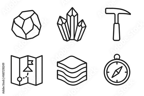 Geology icons: hammer, crystals, rock, map, strata, compass line art collection