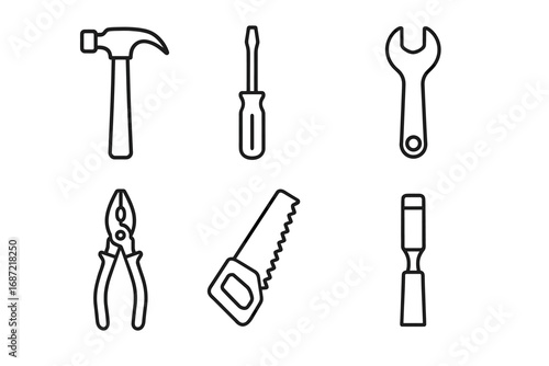 Set of basic hand tools: hammer, screwdriver, wrench, pliers, saw, chisel