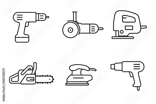 Collection of power tool icons: drill, saw, sander, grinder for construction and diy