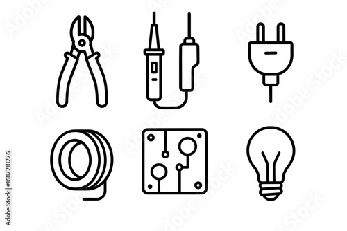 Electrical tools and components icons: pliers, voltage tester, plug, wire, circuit, bulb