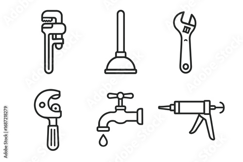 Set of plumbing tools including wrench, plunger, and faucet