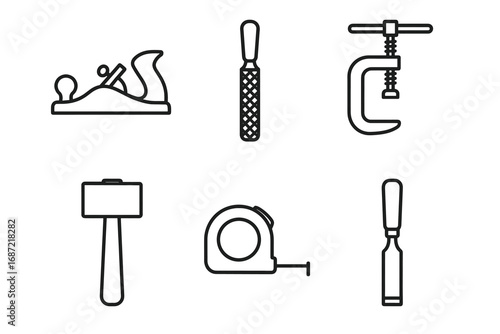 Set of carpenter tools icons: plane, rasp, clamp, hammer, tape measure, chisel