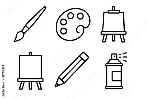 Art tools icons: brush, palette, easel, pencil, spray can - black and white line art