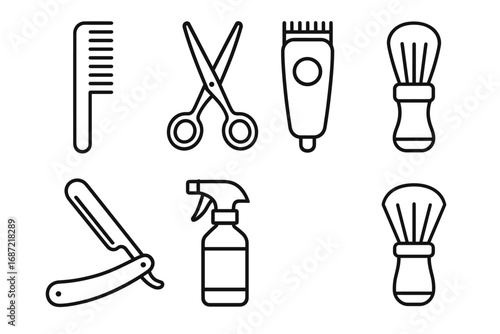 Barber tools outline set: comb, scissors, clipper, razor, spray bottle, shaving brush