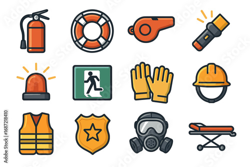 Safety equipment icons: extinguisher, life buoy, whistle, gloves, helmet, gas mask