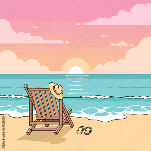 A wooden deck chair with a straw hat on a sandy beach overlooking a calm ocean sunset.