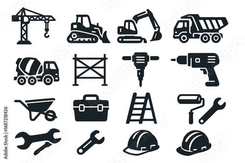 Construction tools and equipment icons set: cranes, vehicles, tools, safety helmets