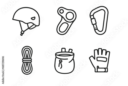 Essential climbing gear icons: helmet, belay device, carabiner, rope, chalk bag, gloves