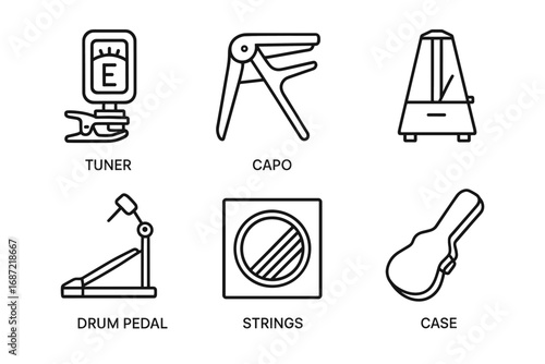 Essential guitar accessories: tuner, capo, metronome, drum pedal, strings, case