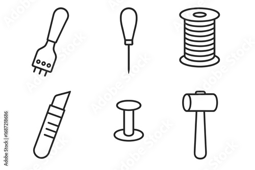 Leatherworking tools: stitching wheel, awl, thread, knife, spool, mallet icons