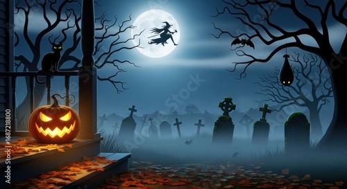 Spooky halloween night scene with witch flying over graveyard in moonlight glow