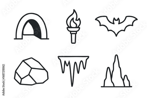 Cave icons: bat, torch, rock, and stalagmites in black and white outline