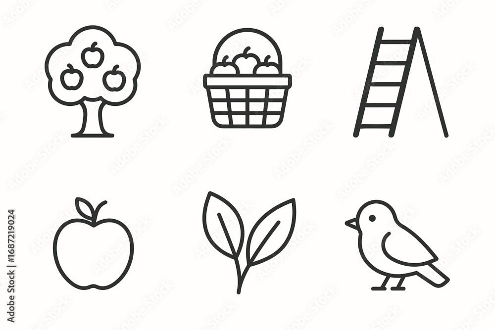 Fototapeta premium Apple harvest icons: tree, basket, ladder, apple, leaves, bird