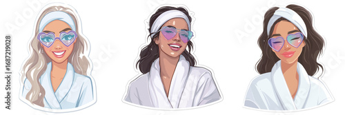 Three women are experiencing a relaxing spa day. They wear soft white robes and trendy heart-shaped sunglasses as they smile and enjoy their time together.