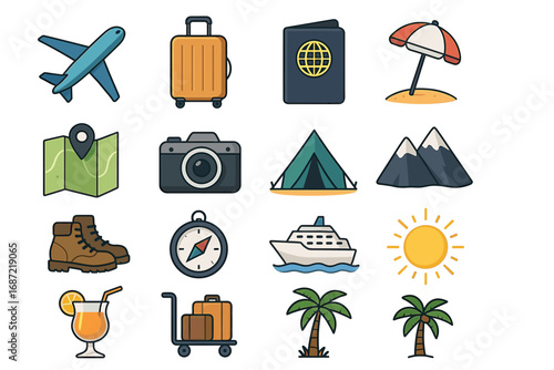 Travel and adventure icons set featuring airplane, camera, and passport for vacation planning