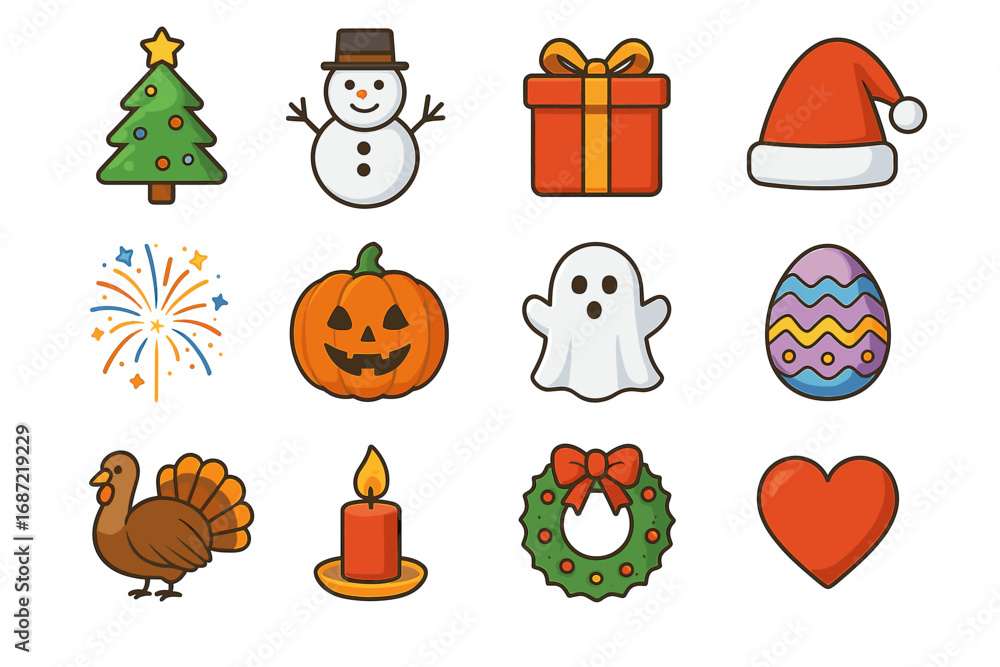 Fototapeta premium Festive icons: christmas, halloween, easter, and thanksgiving symbols
