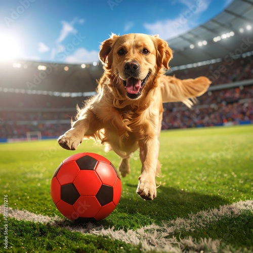 Happy dog playing soccer