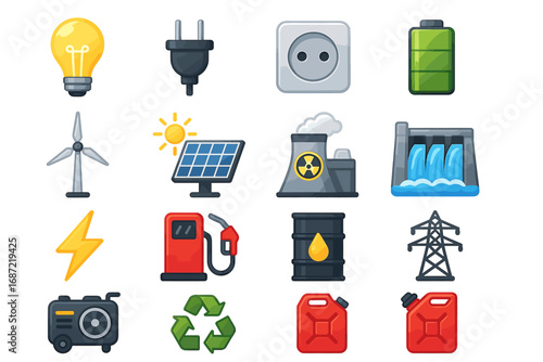 Collection of energy icons: renewable, fossil fuels, solar, wind, hydroelectric, nuclear