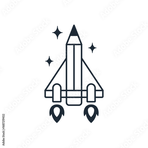  Pencil intergalactic rocket. Creative flight. Unconventional thinking.Vector linear icon illustration isolated on white background.