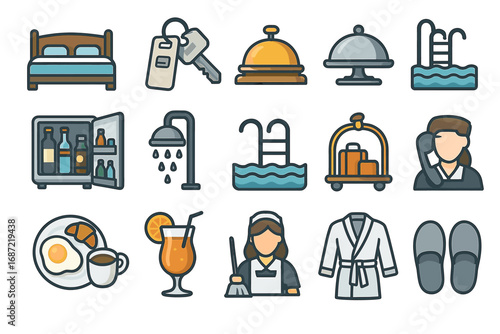 Hotel amenities icons set: pool, room service, key, cleaning staff, dining