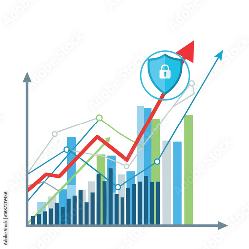 Financial growth bar chart with a data security shield icon and upward trend arrows.