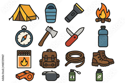 Essential camping gear icons: tent, sleeping bag, flashlight, campfire, compass, axe, knife, water bottle