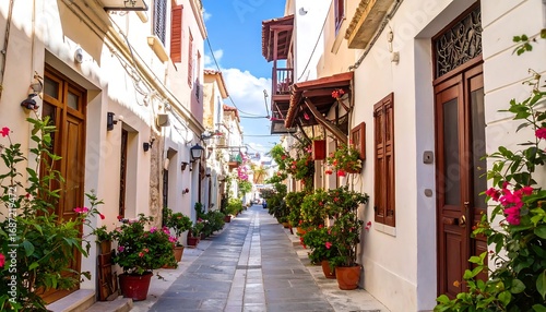 Fototapeta Naklejka Na Ścianę i Meble -  A picturesque alleyway lined with charming whitewashed buildings, vibrant pink flowers, and wooden doors.