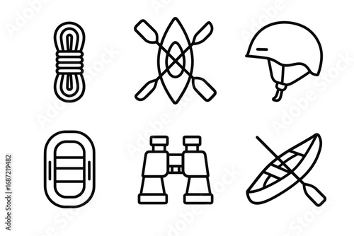 Adventure gear icons: rope, kayak, helmet, raft, binoculars, canoe