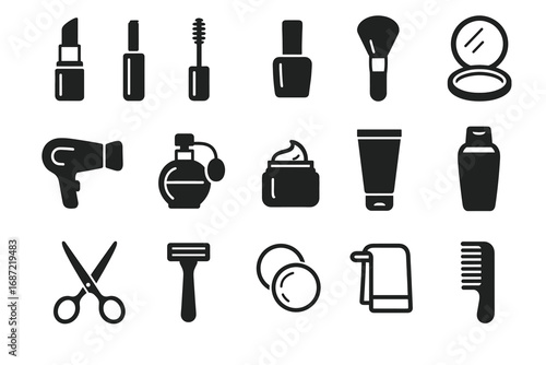 Beauty icons set: makeup, skincare, haircare essentials collection