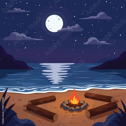 Cozy campfire on a sandy beach under a full moon and starry night sky illustration.