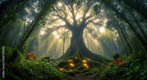 A majestic, ancient tree of life stands in a misty forest, with ethereal sunbeams shining through its vast branches.